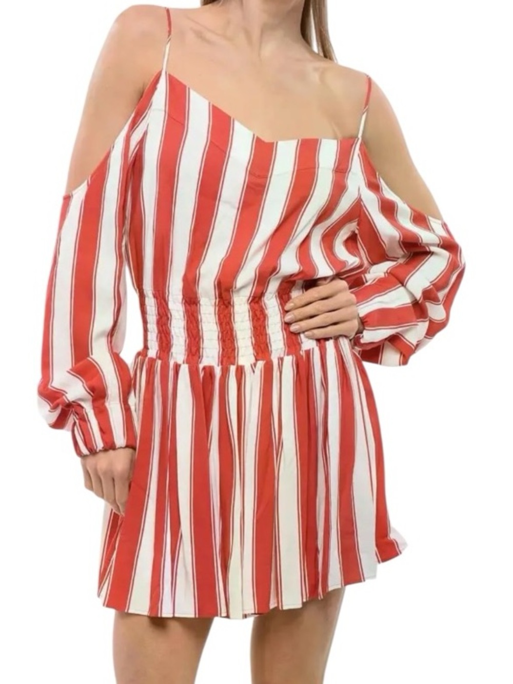 Balmain Striped Off-Shoulder Mini Dress Red White Cut Out Size M $1695 Luxury
